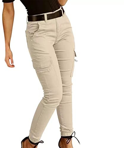 Keepink Cargohose für Damen, mit Taschen, schmaler Po, Kampfhose, leger, enganliegend, einfarbig, Haremshose, Knöpfe, lange Leggings, Fitnessstudio, Laufen, Yoga, Trainingsanzug, Activewear, 032