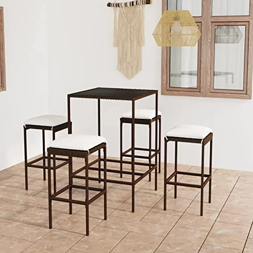 Rantry 5-TLG. Gartenbar Set mit Kissen Theke Stehtisch Gartentheke Bar Tresen Bartisch Barhocker Barstuhl Barhocker Balkonset Sitzgarnitur Gartenmöbel Gartengarnitur Möbel Poly Rattan Braun