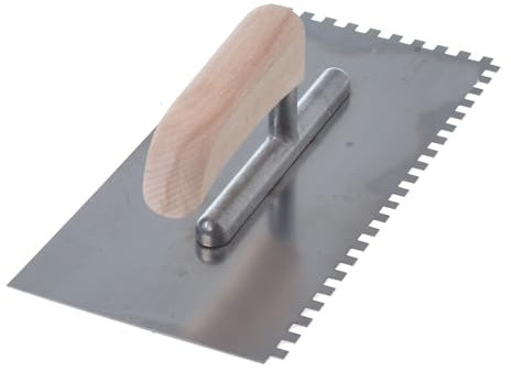 Aqbau® Cazzuola lisciante dentata, 6 x 6 mm, con manico in legno, spatola dentata, spatola dentata, spatola dentata, grondaia antiruggine con dentatura, 270 x 130 mm, per la posa di piastrelle
