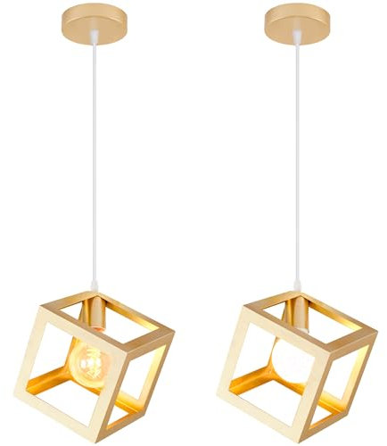 iDEGU Lot de 2 Suspension Luminaire Moderne Lampe Lustre Forme Cube Plafonnier Abat-jour de Style Géométrique en Métal E27 Éclairage Suspendu pour Chambre Salon Restaurant - 16CM, Doré