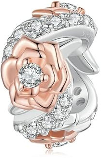 Charm a forma di rose, per braccialetto Pandora, in argento Sterling 925, con perline in oro rosa, Zirconia cubica, Zirconia cubica