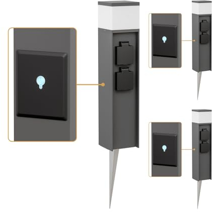 ledscom.de 3 Stück Pollerleuchte PODEL mit Erdspieß für außen, Smart Home, 39cm, anthrazit, G9 Fassung, 2 Steckdosen