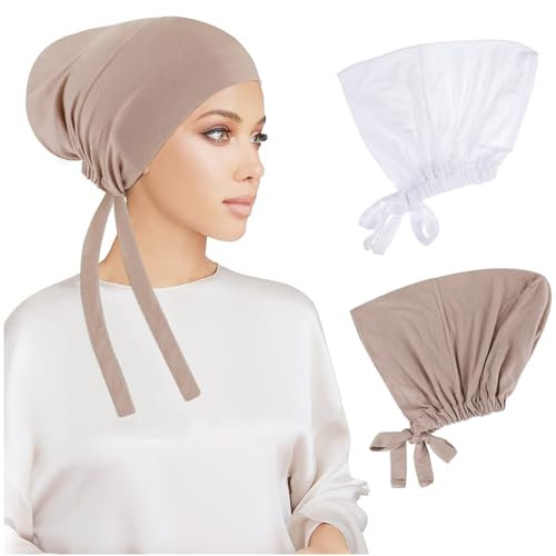 PHOGARY 2 Stück Frauen Undercap Hijab, Islamische Muslimische Unterschal Hijabcap mit Tie Back Closure Solid Color Unter Schal Hijab Mütze Turban Kopfbedeckung Chemo Kopftuch Schlafmütze (D)