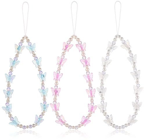 Amabro 3Pcs Butterfly Beaded Phone Charm, Stationery Decoration Charm Pearl Beaded Cell Phone Lanyard Wrist Strap Pearl Cute Y2K Aesthetic Chain for Camera Bag Purse Decor