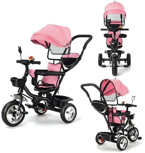 Tricycle Évolutif pour Enfant avec Siège Réversible, Pédales Amovibles et Canne Télescopique - Tricycle à Pousser pour Filles et Garçons (Rose-Noir)