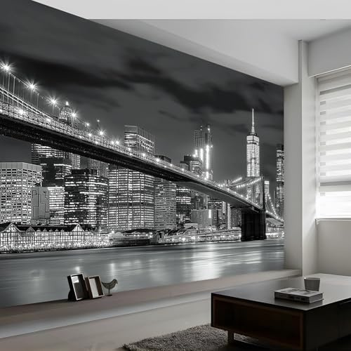 Cityscape Black White Photography Wall Mural Wallpaper, Custom Brooklyn Bridge Pattern Panoramic Wallpaper for Children's Room, Large Wall Mural for Living Room Bedroom Office, 350 x 256 cm (W x H)