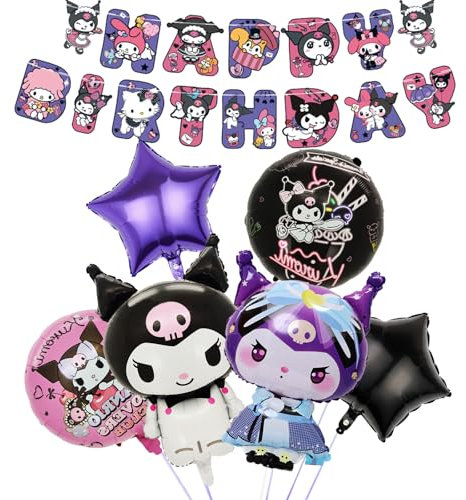 7 Stück Kur-romi Geburtstagsdeko Folienballon Set, Cute Kindergeburtstag Deko, Cartoon Luftballons Geburtstag Dekoration Set mit Banner für Kinder Mädchen Themenpartys Dekorationen