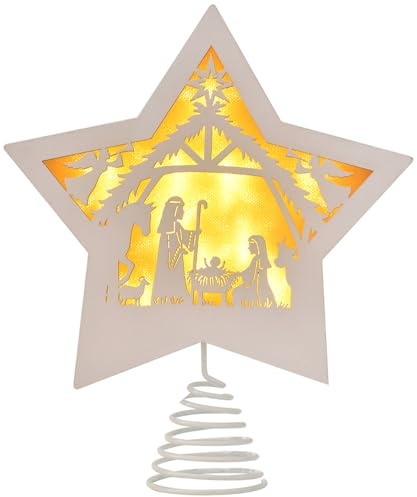 GHOSTMAGIC Weihnachtsbaumspitze Stern Krippe 20 x 23,5 cm Holz Weihnachtsbaum Spitze Stern mit 3 Modi LED Licht Baumspitze Dekoration für Weihnachten Bar Shop Büro Heimdekoration (Weiß)
