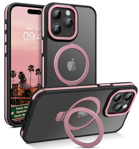 DOMAVER Hülle für iPhone 15 Pro Max mit Stander, Handyhülle iPhone 15 Pro Max 6.7'' Case kompatible mit Mag Safe, Durchscheinend Matt Galvanisierte Spleiß Rundumschutz Magnetisch Schutzhülle, Rosa