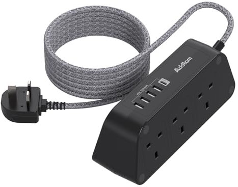 Black 3M Extension Cable, Extension Lead with 6 Way Outlets 5 USB(5A, 1 USB C and 4 USB A Ports), 3250W Overload Protection, 3M Braided Extension cord, Surge Protection Plug Extension Socket