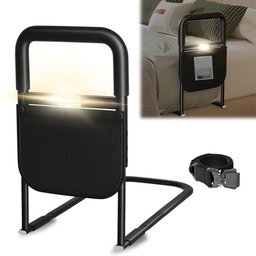 Airminti Bed Rails for Elderly Adults: Adjustable Heights Bed Assist Rail with Storage Bag Safely Assist Handrail Bar with Motion Sensor Light Withstand 400LB (60 * 32 * 53cm)