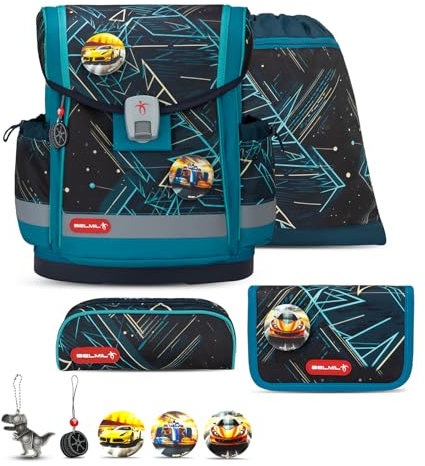 Belmil Classy Plus Schulranzen Set 6-teilig mit extra Schlüsselanhänger (405-78AG/S/K) (Racing Car Blue)