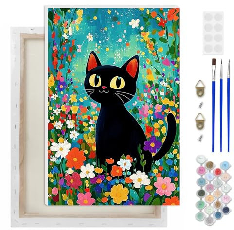 AIRDEA Chat Peinture Numero Adulte, DIY Kit Activité Manuelle Peinture Acrylique, Fleurs Peinture par Numero Adulte avec Pinceaux et Acryliques pour la Décoration Maison 20x30 cm (Encadrée)