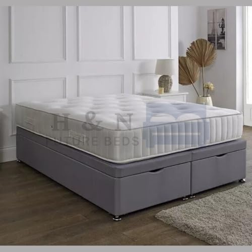H & N FUTURE BEDS H&N Plush Velvet Hard Divan Ottoman Base with chrome legs | End/Side Lift Storage Bed Base for 3FT, 4FT Double, 5FT King and 6FT Super King (4FT6 Double (Left Hand Lift Opening))