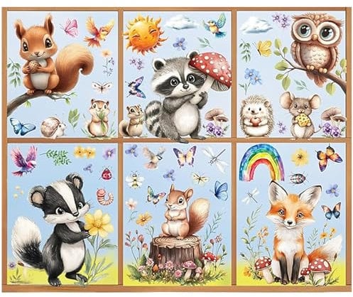 XIATIAN Fensterbilder Waldtiere Fensteraufkleber Kinder, Tiere Fenster Abziehbilder Hirsche Fuchs Hase Eichhörnchen, Fenstersticker Fensterfolie Wiederverwendbar für Fensterdeko