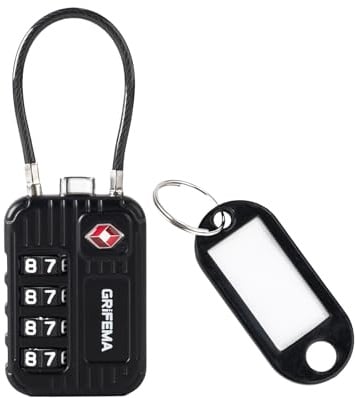 GRIFEMA Candado TSA con Combinación de 4 Dígitos, Cable Flexible para Maletas, Bolsos y Equipaje de Viaje, Negro (1 Unidad, GA1008)