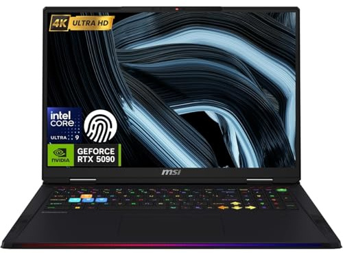 msi Raider 18 HX RTX 5090 Gaming Laptop, 18 4K MiniLED Display, Intel Core Ultra 9 285HX, 96GB DDR5 RAM, 2TB SSD, RGB Backlit KB, Fingerprint Reader, Thunderbolt 5, Wi-Fi 7, Black, Windows 11 Home