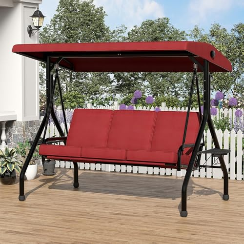 Hollywoodschaukel 3-Sitzer Mit Verstellbarem Sonnendach & Standgestell, Gartenschaukel Mit Abnehmbarem Kissen, Getränkehaltern & Klapptisch, Wasserabweisend Für Terrasse Garten Balkon, Bis 350kg, Rot