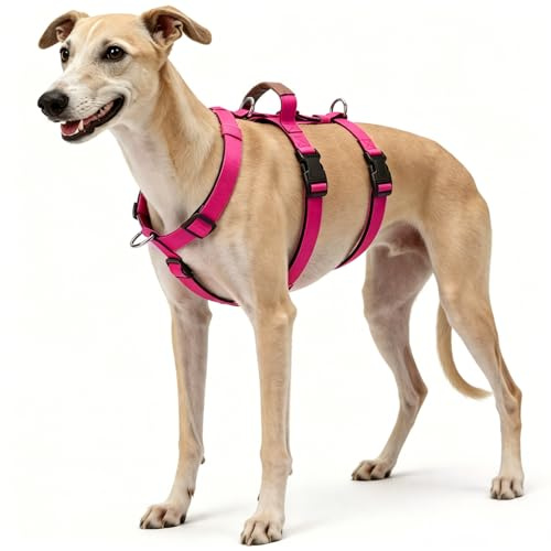Ausbruchsicheres Hundegeschirr, Anti-Zug Verstellbares Sicherheitsgeschirr mit 3-Punkt-Design und Griff für Mittlere bis Große Hunde, Wandern und Training (Rosa, L)
