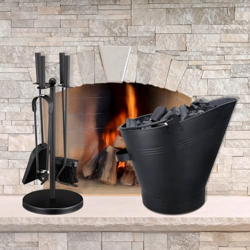 Homezone 5pc Fireplace Companion Set with Large Coal Scuttle Heavy Duty Metal Bucket Black Powder Coated Buckets Fireside Accessories Companion Sets for Log Burners Fireplace Tool Set