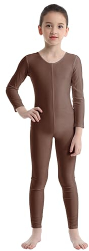 FEESHOW Kinder Mädchen Ballettanzug Tanz Trikot Gymnastik Ganzkörperanzug Bodysuit Einteiliger Overall Jumpsuit für Sport Training Übungen Auftritt Braun 128-140