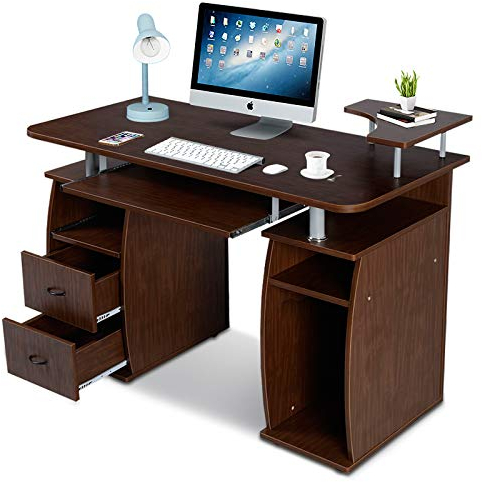 DREAMADE Scrivania per Computer Ufficio Lavoro, Tavolo Porta PC Laptop in Legno, Scrittoio per Studio con 2 Cassetti, Scomparto per Host, Ripiano rialzato, Ripiano Tastiera Scorrevole (Noce)