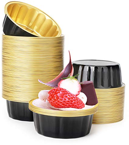Beasea Lot de 100 Caissettes Ramequins Jetables en Aluminium de 227 ml - 9,9 cm - Pour Fête, Mariage, Anniversaire - Noir et Doré