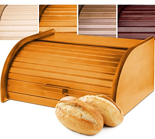 KADAX Wooden Bread Bin, Durable Breadbox with Roll Lid, Spacious Bread Bin, Convenient Kitchen Storage for Rolls, Croissants, Loaves, Bread Container (Honey)