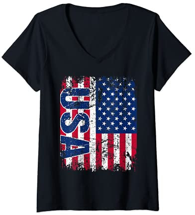 Damen USA AMERIKA Flagge | Damen Herren Kinder | America USA T-Shirt mit V-Ausschnitt