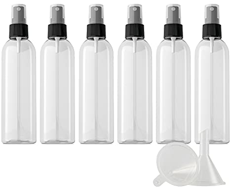 ZEOABSY 6 Pièce Vide 200ml Transparent Flacons Vaporisateur Avec Pulvérisateur Noir, 200 ml Bouteille de Spray Parfum Rechargeable Flacon de Parfum pour le voyage à la maison + 1 x Entonnoir