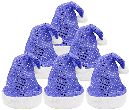 Carnavalife Weihnachtsmann-Mütze mit Pailletten, Weihnachtsmütze, Neujahrskostüm, Weihnachtsmann-Hut mit weißem Pompon und Plüschflügel, 6 Stück (Blau, Erwachsenengröße)