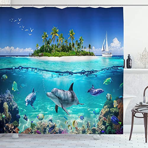 OCEUMACO Rideau de Douche Motif Dauphin sous Mer Bleu Anti Moisissure Rideaux Baignoire Ile Poisson Ocean Tropical Imprimé Long Polyester Tissu Imperméable 180x200 cm Lavable Machine avec Anneaux
