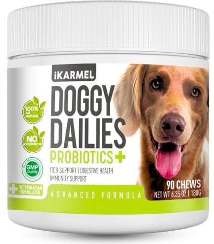 iKARMEL Doggy Dailies Probiotics for Dogs | Canine Supplements for Digestive and Immunity Support | Skin Health and Itch Relief | Vitamin Treats for Dogs | Probiotic (90 Chews)
