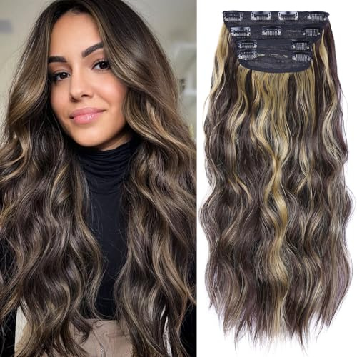 Hair Extensions Clip in, 20 Inches Long Synthetic Curly Clip in Hair Extension for Women and Girls (Brown Mixed light Blonde, 4Pcs)