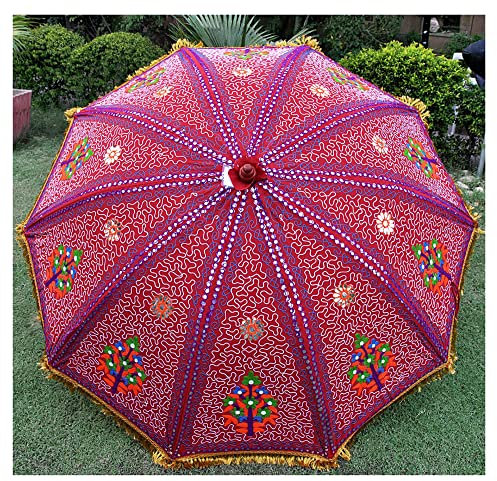 Indian Parasol Umbrella- Sun Shade Handmade Garden Umbrella, Patio Umbrella, Beach Umbrella, Sun Umbrella for Garden, Umbrella for Garden Table, Garden Parasol Umbrella (Red Floral)