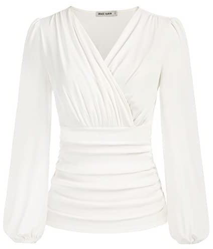GRACE KARIN Womens Casual V-Neck Long Lantern Sleeves Loose Fit Elegant Tops White 2XL