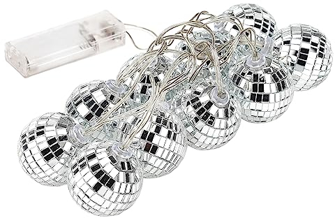 LED Disco Ball Mirror String Lights,10 Bright Reflective Silver Mirror Ball with White Lights, Battery Operated Reflective Silver Mirror Ball with White Lights for Xmas Tree Holiday(silver 4cm)