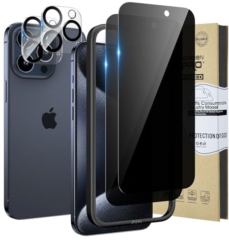 HWeggo 2+2PACK für iPhone 15 Pro Blickschutz-Displayschutzfolie und Kameraobjektivschutz,Kostenloses Case mit einfachem Installationstablett,HD Klar 9H Härte Anti Spionage Privat gehärtetes Glas Film