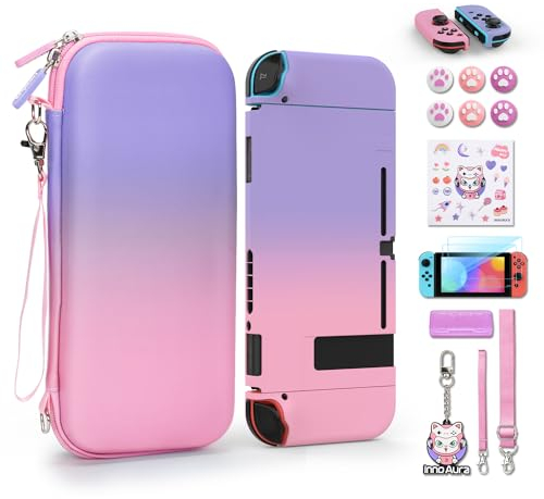 Switch Tasche, Hülle für NS Switch, innoAura 16 in 1 Switch Zubehörset mit Switch Tragetasche, Switch Schutzhülle, Switch Bildschirmschutz, Game Case & Niedlich Daumenkappen (Farbverlauf Rosa-Lila)