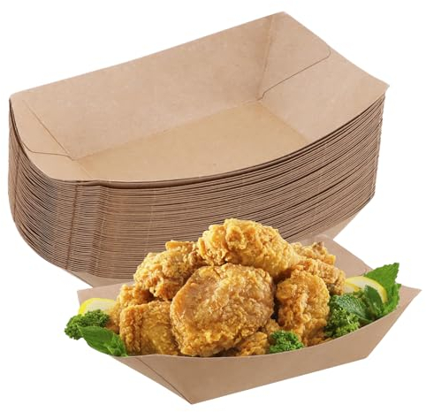 Wisebom Lot de 50 Barquettes en Carton Kraft Plateaux Alimentaires 18cmx12.5cm Barquette Alimentaire Jetable Assiette en Carton Étanche et à l'huile Boîtes de Pique-nique pour Collations Frites Salade