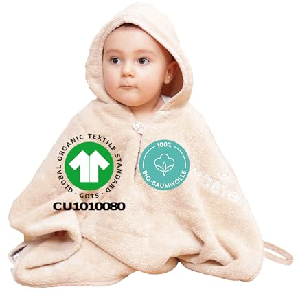 Mabyen Baby Kapuzen Bademantel | Baby Poncho -100% Bio-Baumwolle - OEKO-TEX zertifiziert - bis 3 Jahre geeignet - Babyhandtuch mit Kapuze - 50x70 cm - Farbe beige