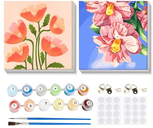 MOGTAA 2 Pack Fleurs Peinture par Numéros Encadré, Acryliques Peinture par Numéros pour Adultes Enfants, DIY Paysage Peinture par Numéros avec Pinceaux pour Décoration de la maison 20x20cm