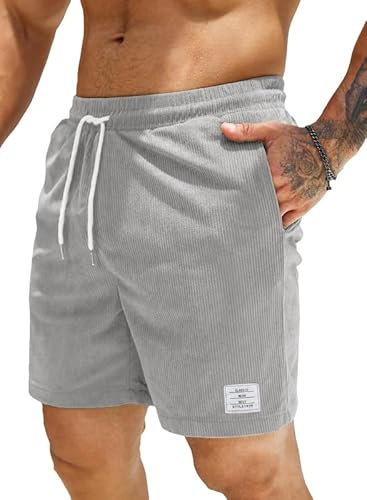 JMIERR Herren Corduroy Kurze Hosen Sommer Sport Shorts Elastische Taille mit Taschen Beach Short Grau M