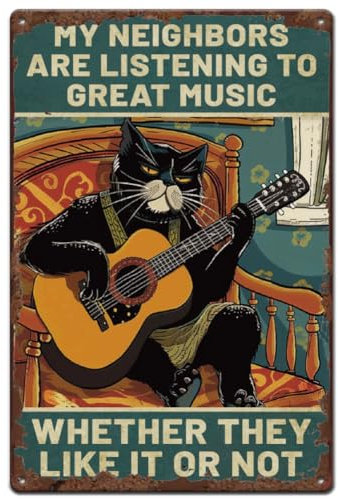 SUPERDANT Gitarre Katze Blechschild Lustige Rockmusik Metallschild Männerhöhle Retro Blechschilder Vintage Deko Kunst Eisen Metallschilder Poster Altmodisches Aluminiumschild Garagen Dekor