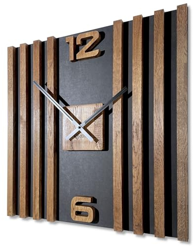 FLEXISTYLE Wanduhr groß aus Holz Lamellen SQ 60cm Holzoptik schwarz 3D Eiche modern ohne Ticken Wohnzimmer … (Braun)