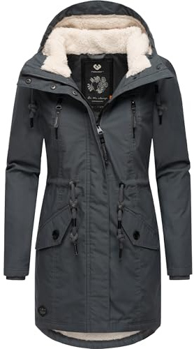 Ragwear Damen Mantel Lange warme Winterjacke mit Teddyfell-Kapuze Elsie Intl Dark Grey24 Gr. L