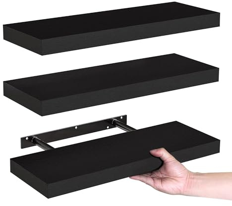 SPRIGLY Wall Mounted Floating Shelves – Pack of 3 (41 cm) MDF Gloss Finish with Invisible Brackets for Living Room, Bedroom, Kitchen & Bathroom