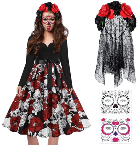 VEQENIFY Halloween Kostüm Damen,Tag der Toten Kostüm Haarreif,Dia De Los Muertos Haarreif,Halloween Gesicht Tattoos,Tag der Toten Haarschmuck