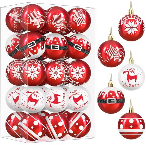 Bolas de Navidad Rojas y Blancas 6cm 30 Piezas, Bolas Arbol de Navidad Adornos Arbol Navidad Plástico Grandes con Cuerda, Adornos Navideños Arbol para Decoracion Arbol Navidad Interior y Exterior