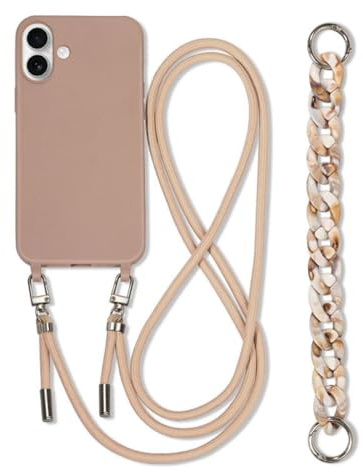Galful Handykette iPhone 16 Hülle mit Armband,Necklace Handyhülle iPhone 16 Case mit Band Schutzhülle zum Umhängen Kordel Verstellbarer Nylon Halskette Silikon Case Cover-Milchtee